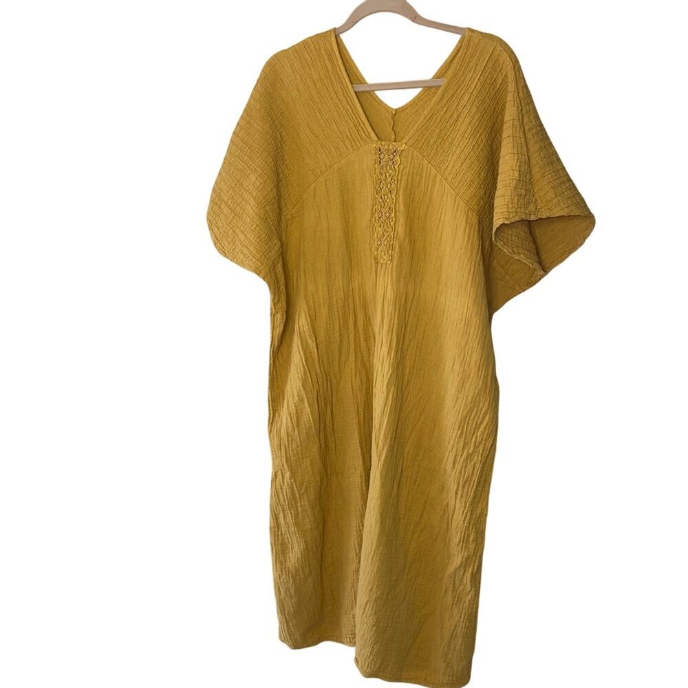 Nuichan Womens Dress One Size Yellow Caftan Maxi V Neck Casual Cotton